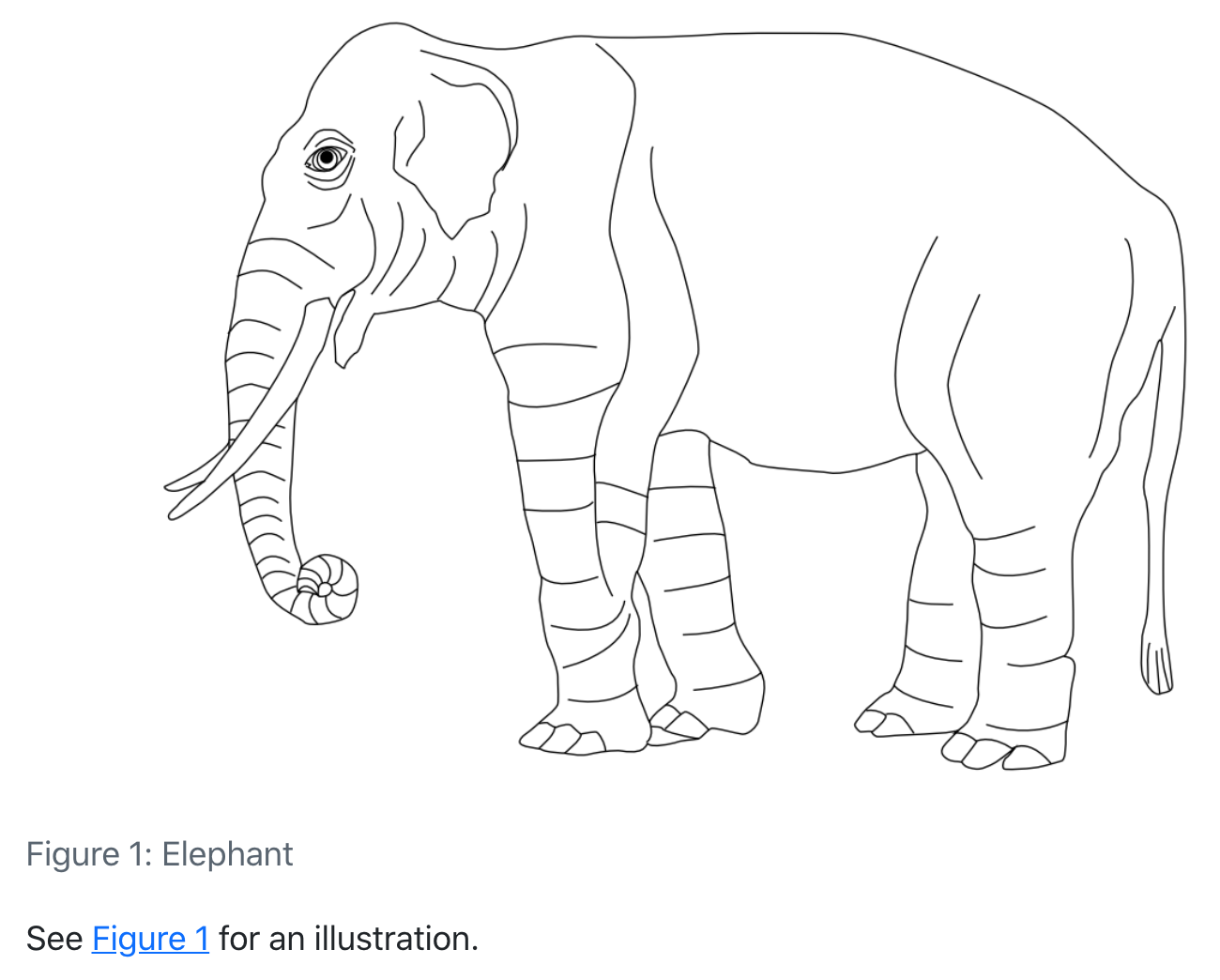 A line drawing of an elephant. The text 'Figure 1: Elephant' is centered beneath it. The text 'See fig. 1 for an illustration' is aligned to the left underneath that.