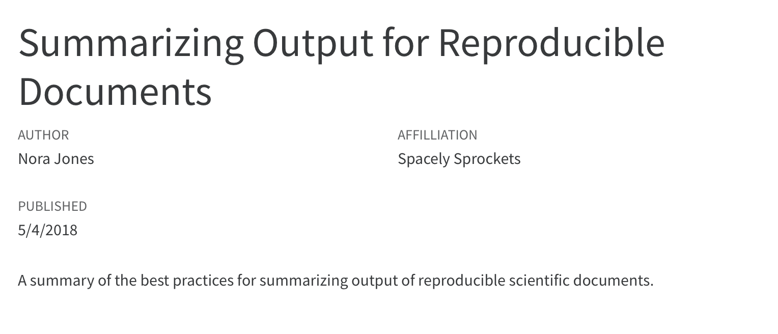 Document with header reading: Summarizing Output for Reproducible Documents. Below is Author (Nora Jones), Affiliation (Spacely Sprockets), Published (5/4/2018). Below that is a description which reads: A summary of best practices for summarizing output of reproducible scientific documents.