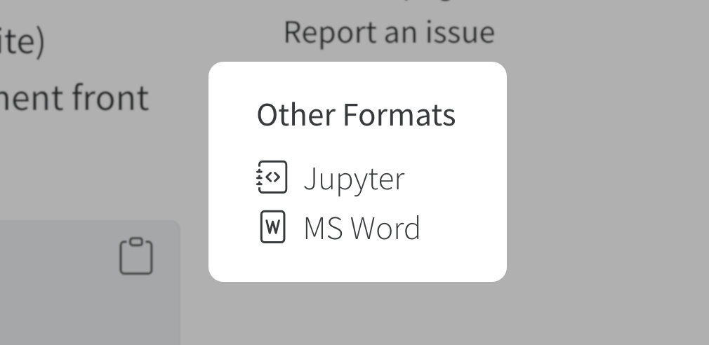 Screenshot of a Quarto webpage showing a section entitled &#039;Other Formats' with items Jupyter and MS Word