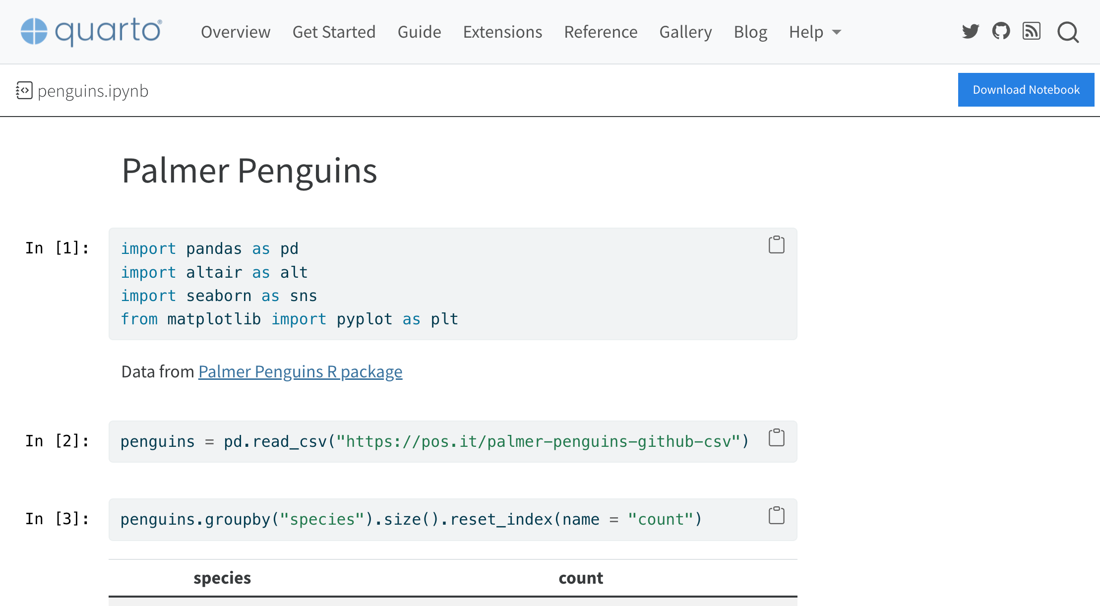 A screenshot of webpage with the title 'penguins.ipynb', a large blue button labelled 'Download Notebook', followed by the notebook contents.