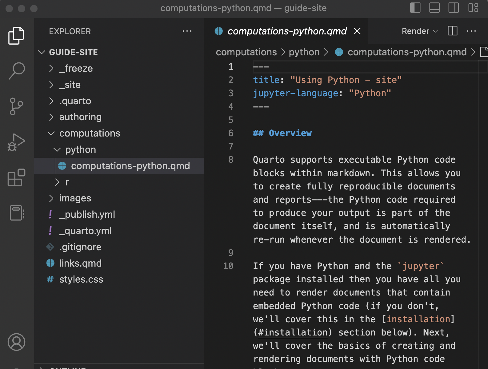 A screenshot of a Quarto project in VS Code. On the left in the Explorer, the project folder is called 'Guide-site', and contains folders 'authoring', and 'computation', along with some other files. A document from the folder 'python' inside the folder 'computations' with the title 'Using Python - site' is open in the Source Pane. 