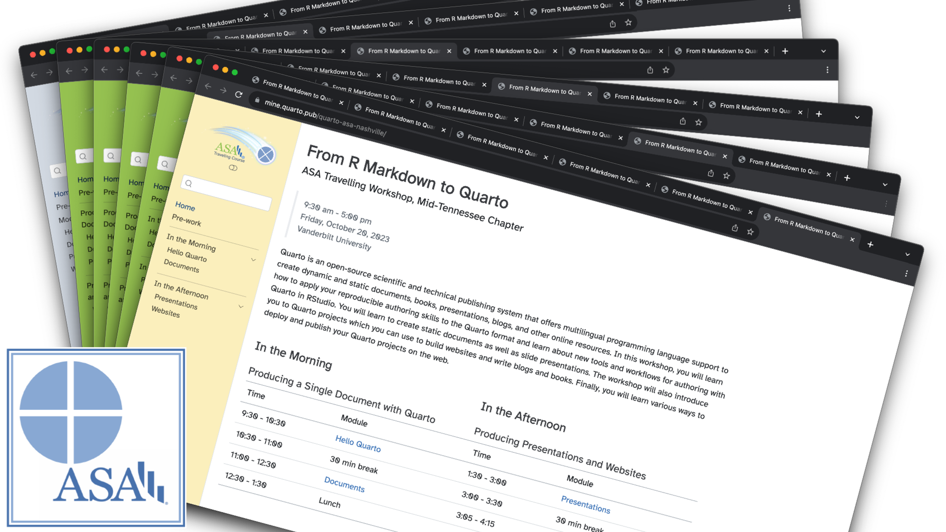 Screenshots of homepages of six courses titled From R Markdown to Quarto