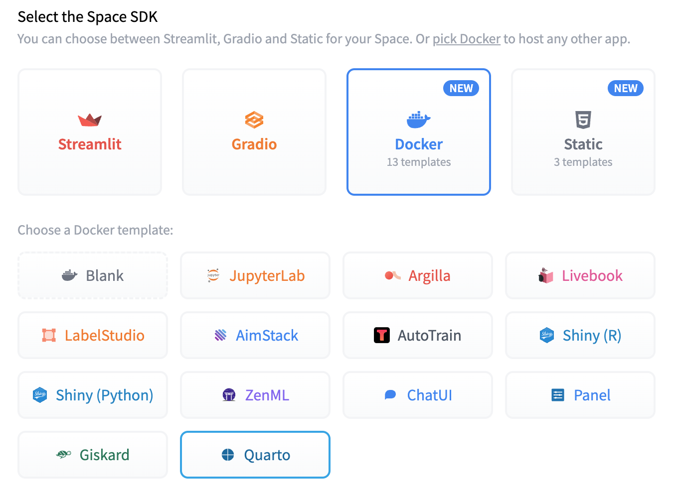 Screenshot of Hugging Face Space selection screen showing Docker selected as the SDK, and Quarto selected as the Docker template.