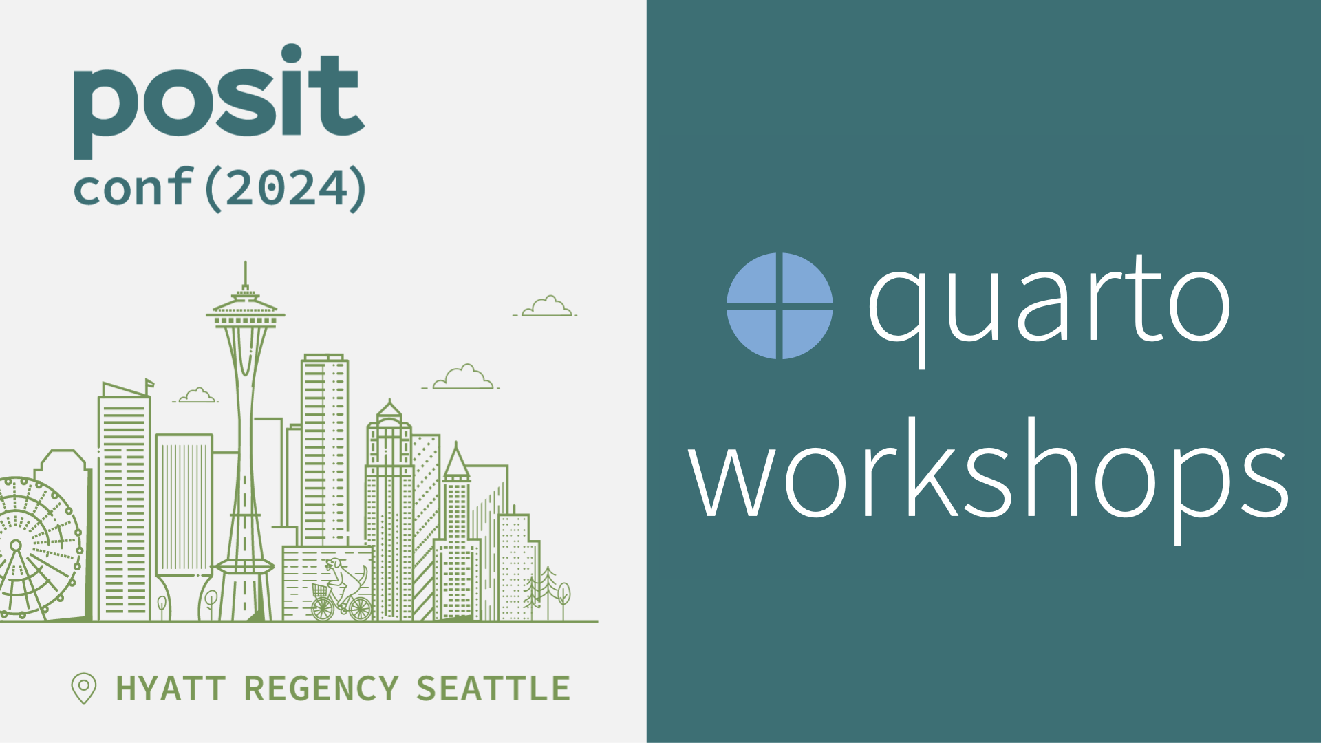 posit::conf(2024) iconography including Seattle skyline on the left and the words &#039;Quarto workshops' on the right.