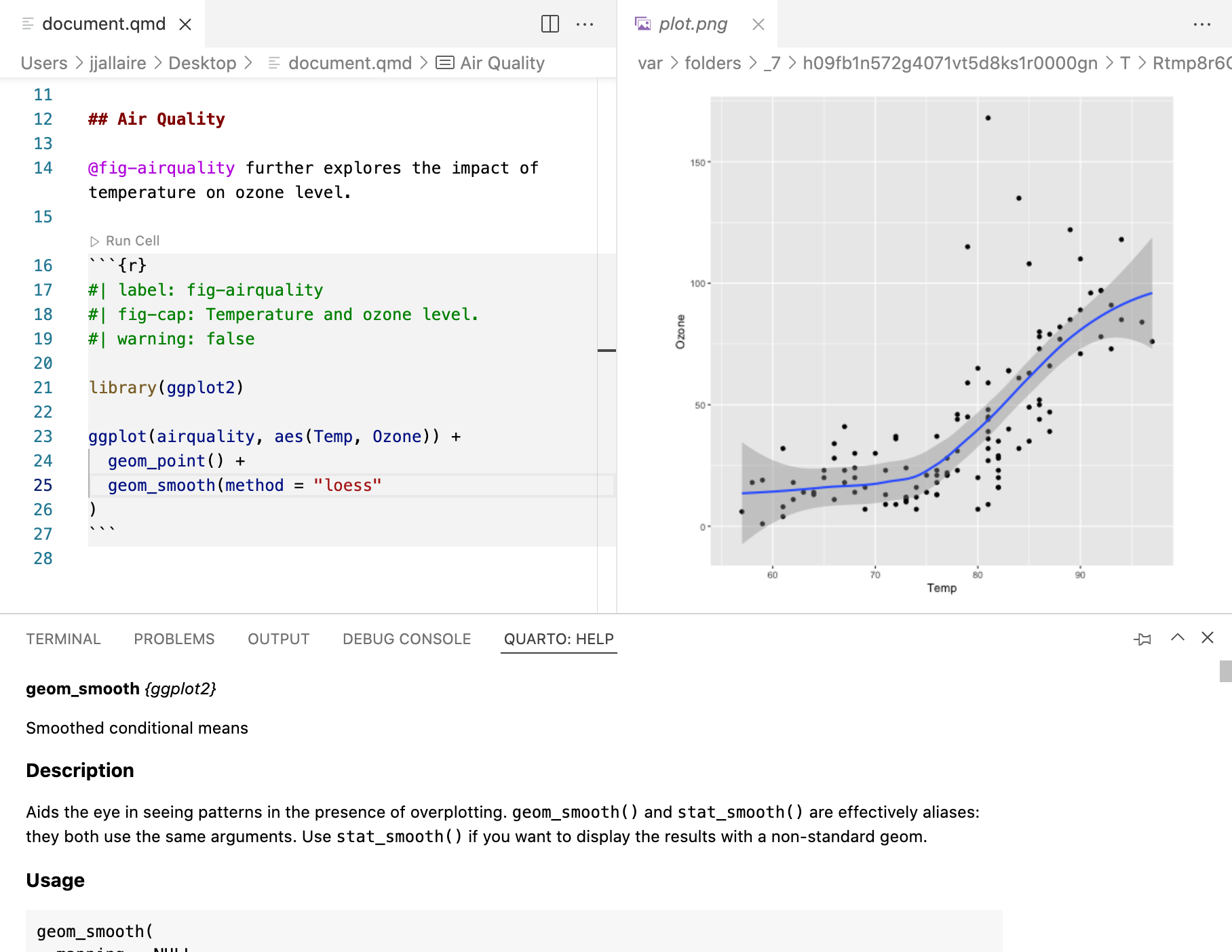 Screen shot of qmd file open in VS code with source markdown shown in left pane and ouput plot shown in the right.