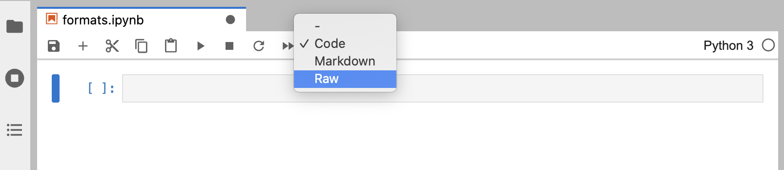 Notebook formats.ipynb with a dropdown shown for a cell with three options: Code, Markdown, and Raw. Raw is highlighted.