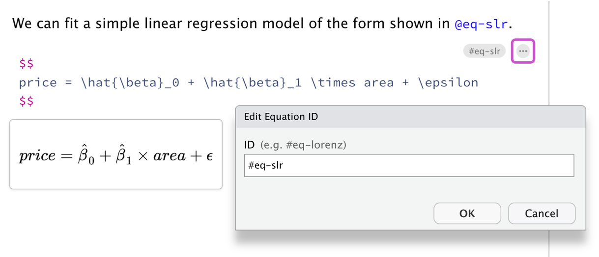 Add label to an equation using the visual editor. The label added is #eq-slr.