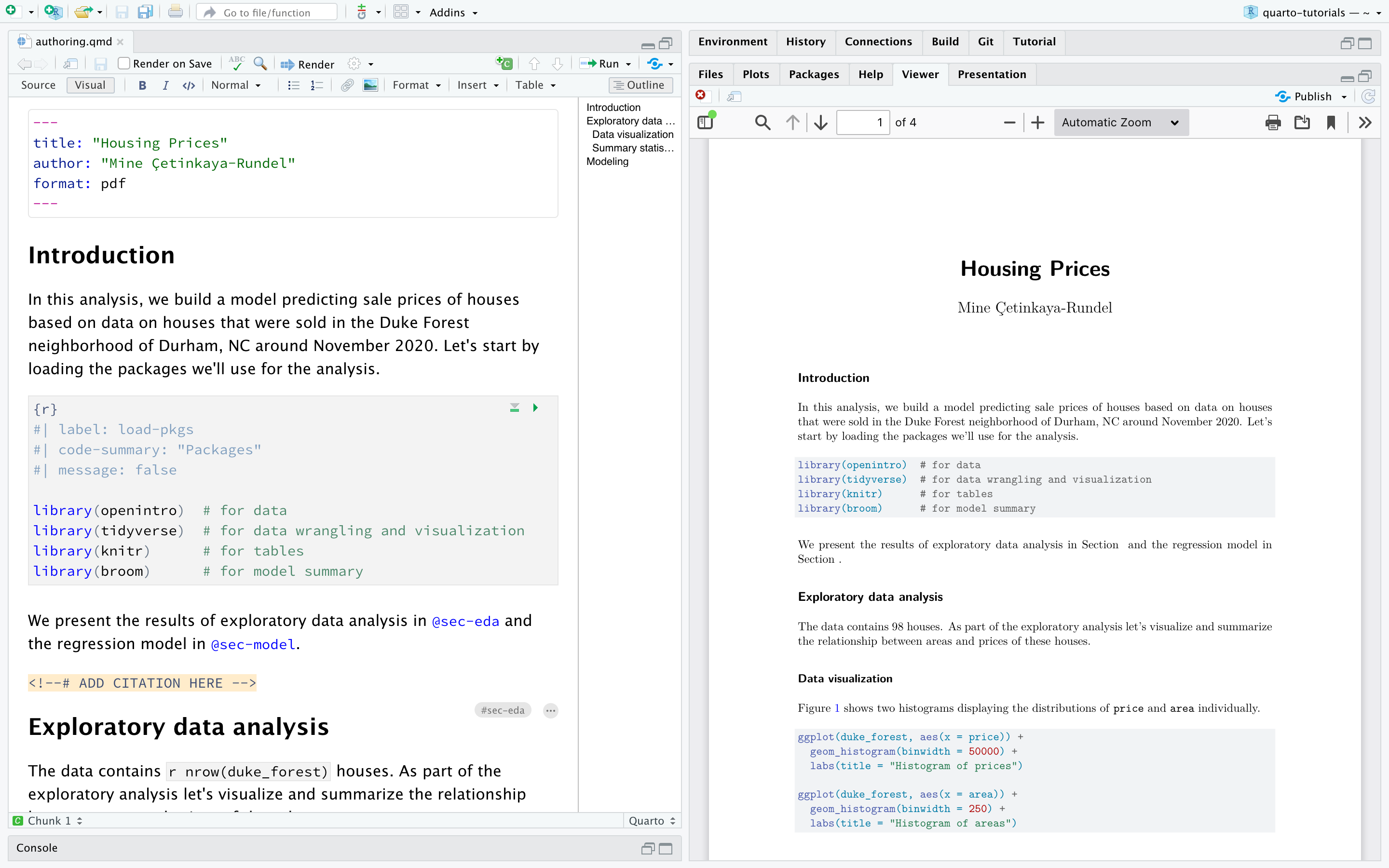 RStudio with authoring.qmd open. On the left: Source code in the visual editor. On the left: Rendered document as a PDF in the Viewer.
