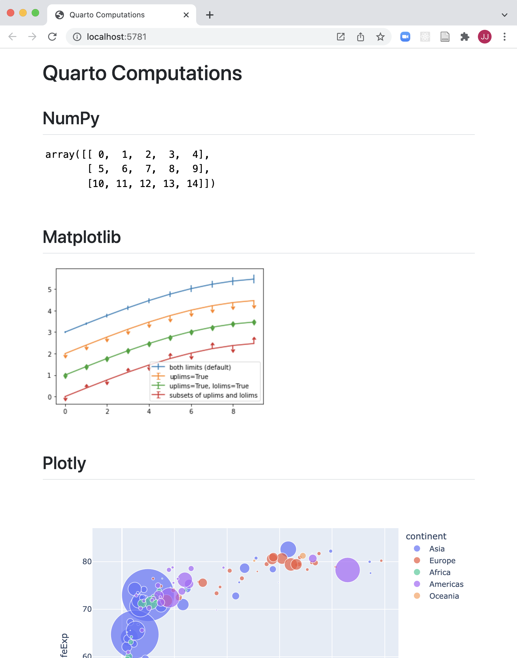 Output of notebook with echo: false set, shows resulting array in NumPy section, line chart in Numpy section, and interactive bubble chart in Plotly section.