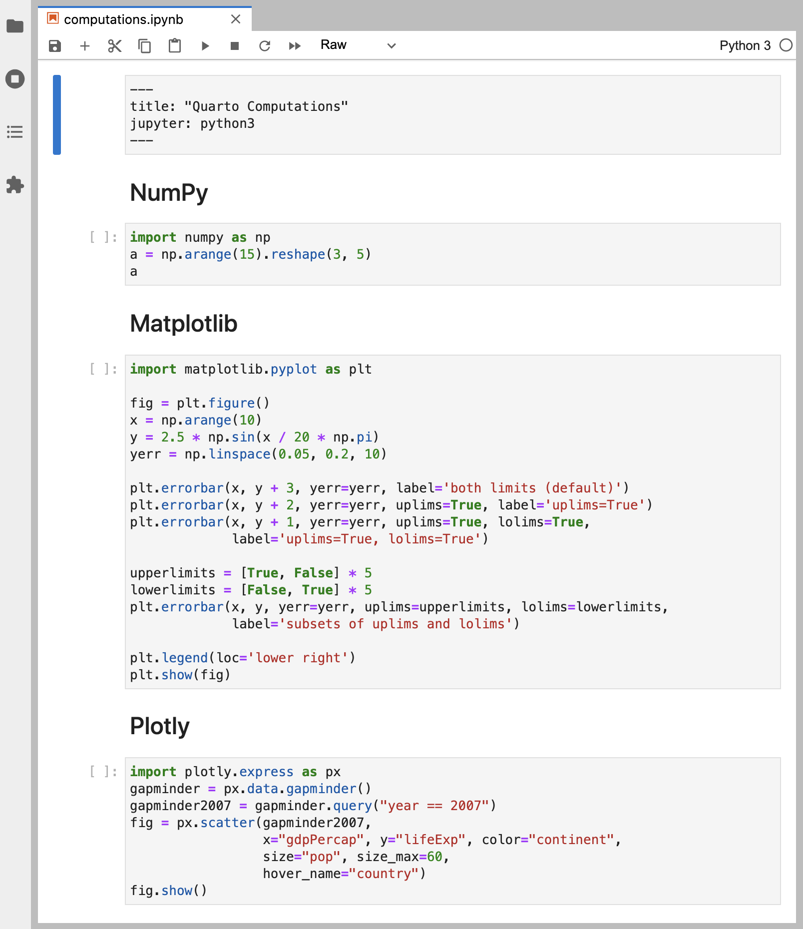 Screen shot of computations.ipynb Jupyter notebook with NumPy, Matplotlib, and Plotly code cells shown.