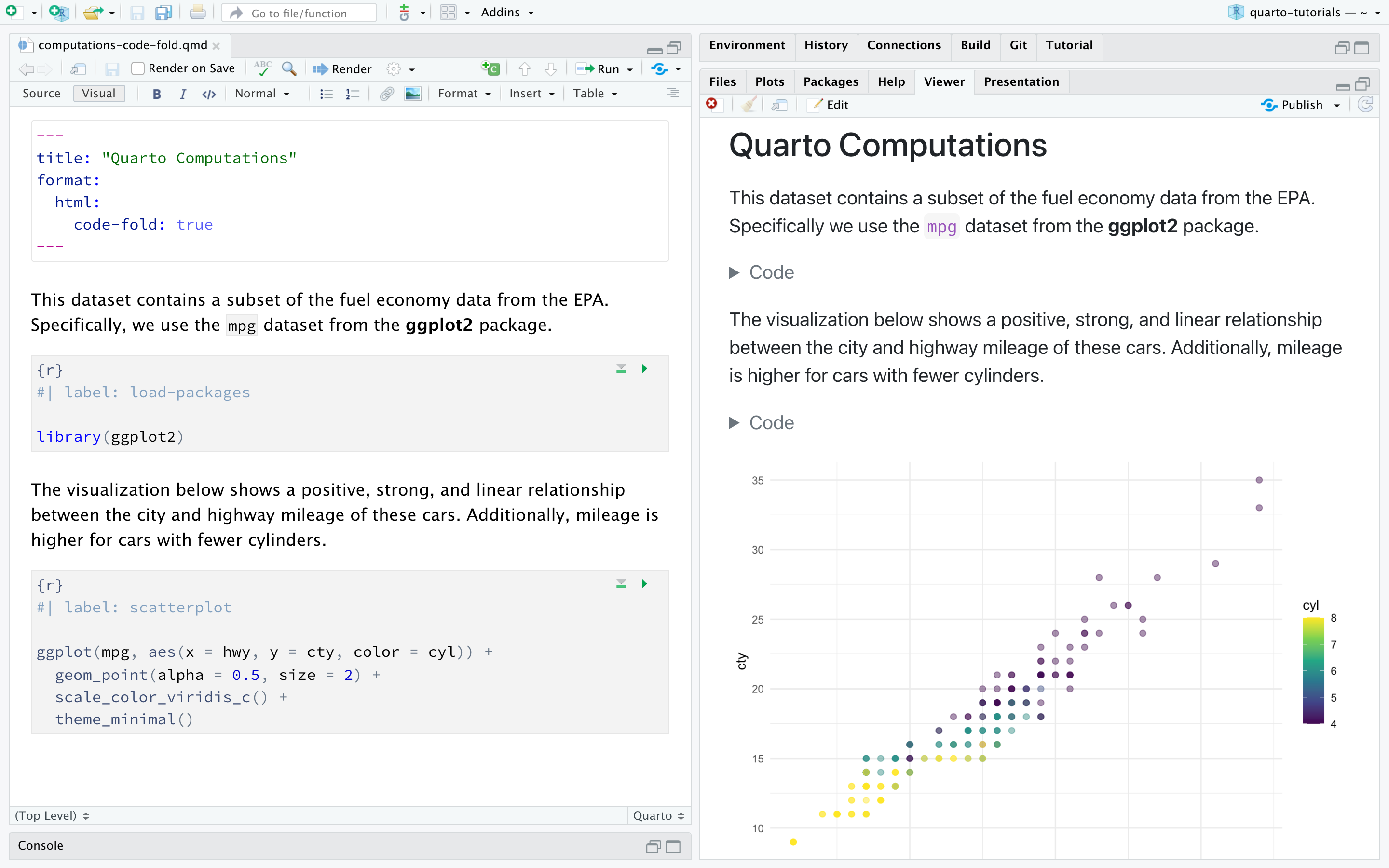 RStudio with computations.qmd open. On the right is the visual editor. The YAML has title and format defined. Title is Quarto Computations. Format is html, and code-fold option is set to true. On the right is the rendered version of the document. The title is followed by some text, which is followed by a Code widget that would expand if clicked on, which is followed by some more text, another code widget, and finally the plot. The Code widgets are folded, so the code is not visible in the rendered document.