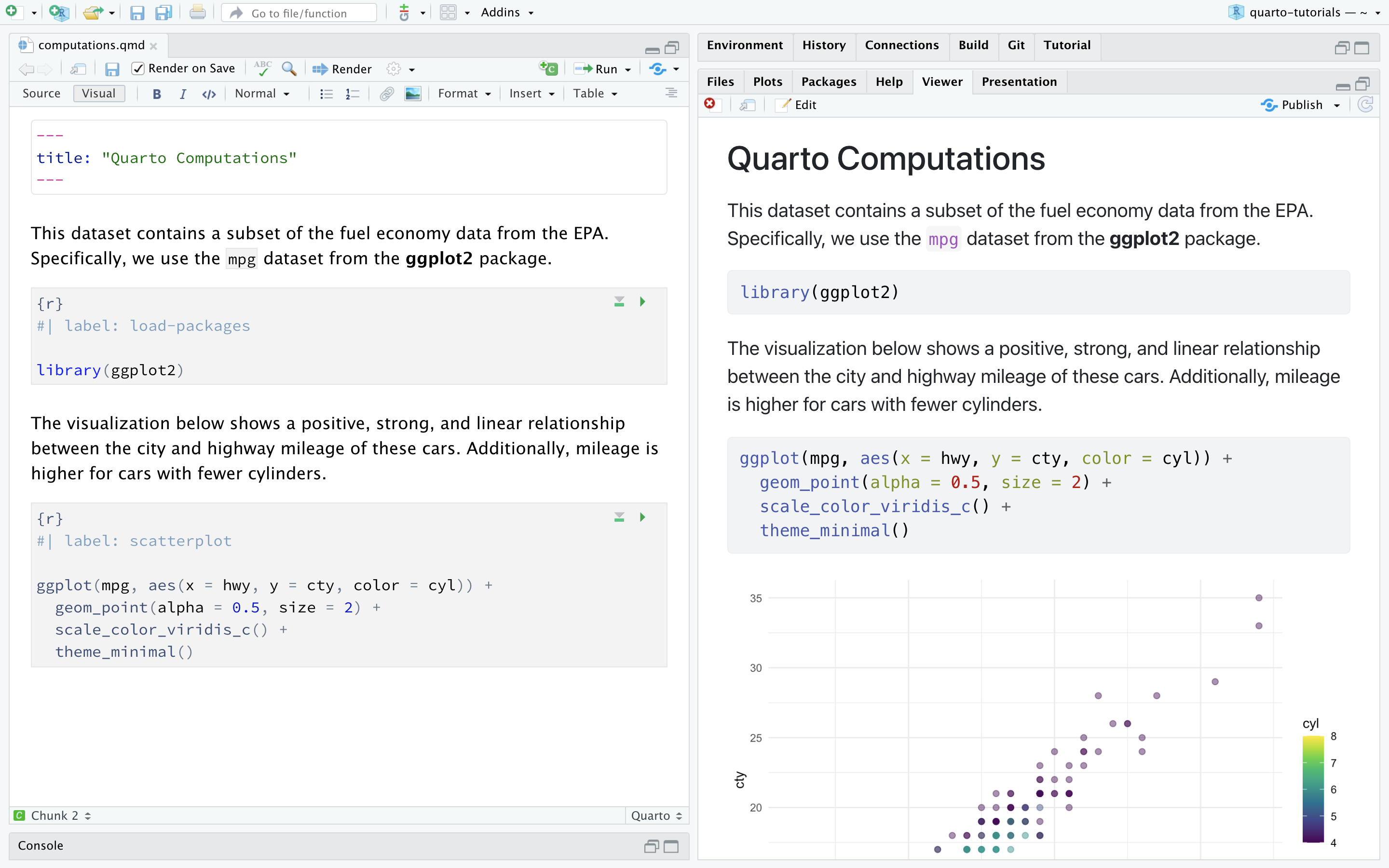 RStudio window with computations.qmd open in the visual editor (on the right) and the rendered document (on the left). The document is titled Quarto Computations and contains some text and code. The rendered version also shows a visualization.