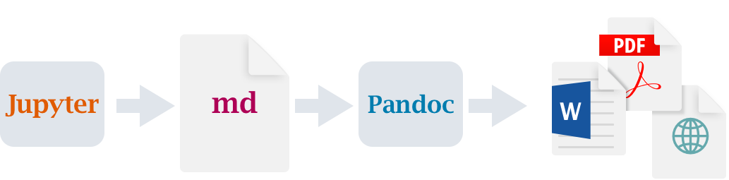 Workflow diagram starting with a Jupyter notebook, then md, then pandoc, then PDF, MS Word, or HTML.