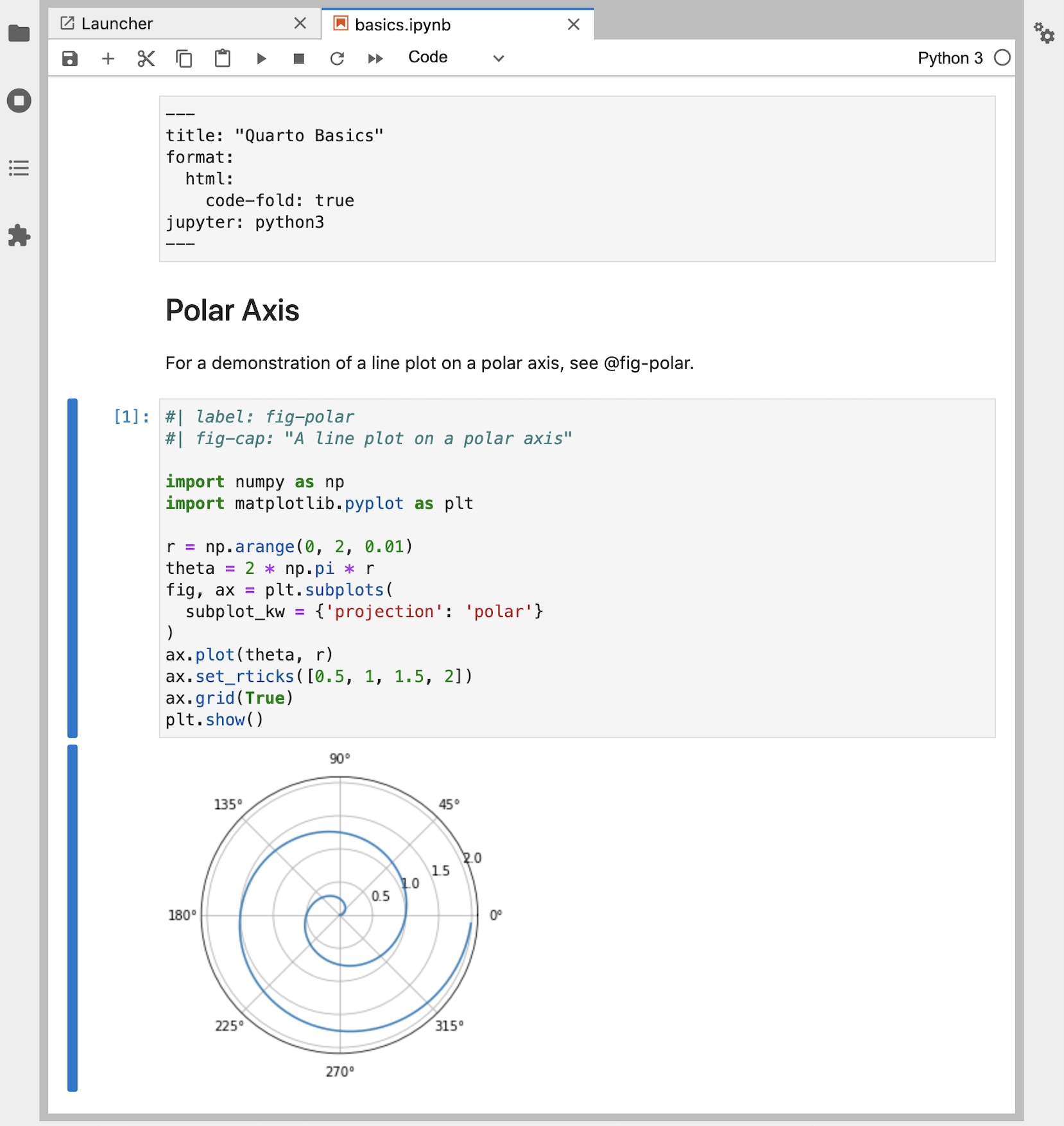 A Jupyter notebook titled Quarto Basics containing some text, a code cell, and the result of the code cell, which is a line plot on a polar axis.