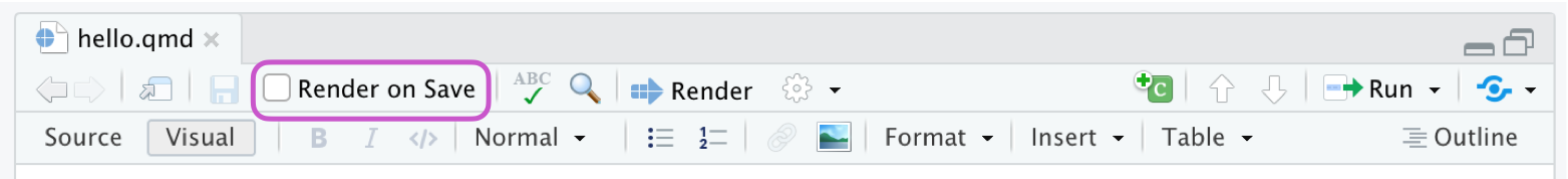 Top of the text editor in RStudio with the Render on Save checkbox checked and highlighted with a purple box.