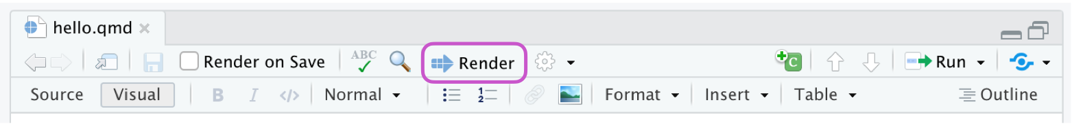 Top of the text editor in RStudio with the Render button highlighted with a purple box.