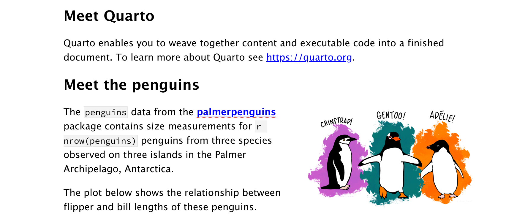 Text portion of the of the linked example document titled "Penguins, meet Quarto!", with annotation that reads "Text".