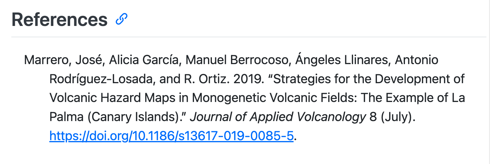 Screenshot of the rendered article showing a section titled References. Below the title is a full reference starting 'Marrero, José, '.