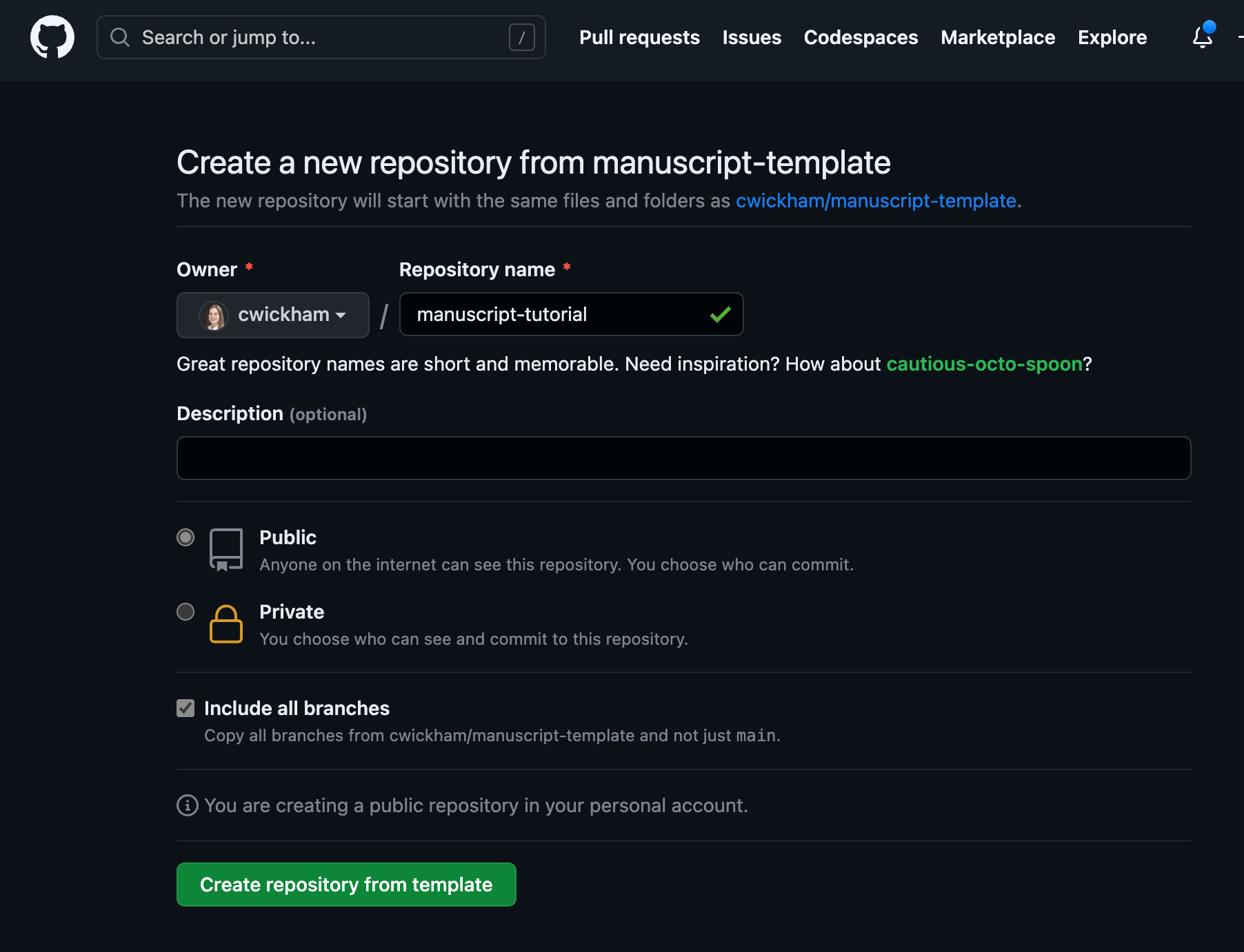 Screenshot of GitHub's create a new repo from a template page. Repository name has been filled with manuscript-template, and the box labelled Include all branches is checked.