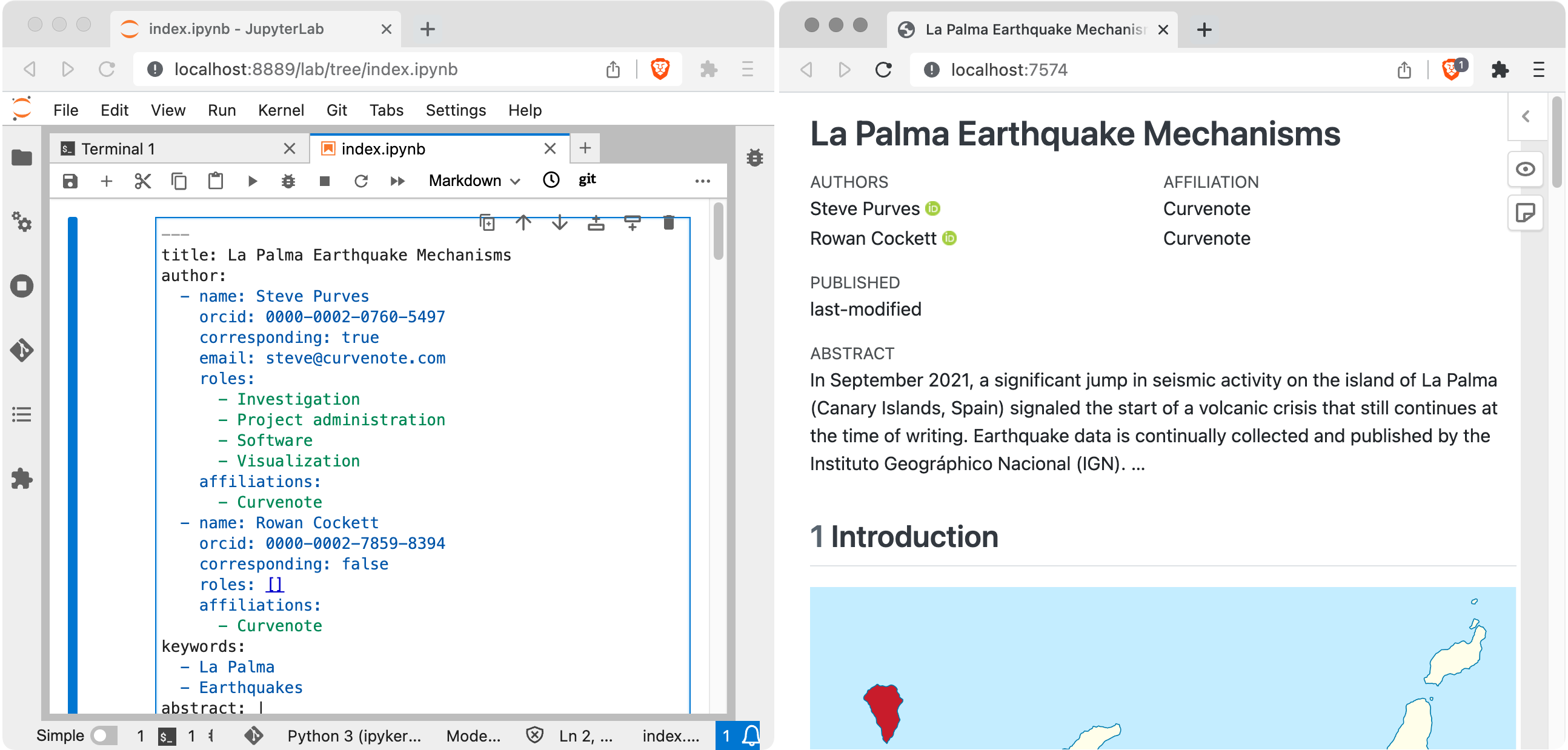 Screenshot of two browser windows. On the left, Jupypter Lab with the file index.ipynb open, the first cell in edit mode, and with the text title: La Palma Earthquake Mechanisms. On the right, the article webpage with the title La Palma Earthquake Mechanisms.