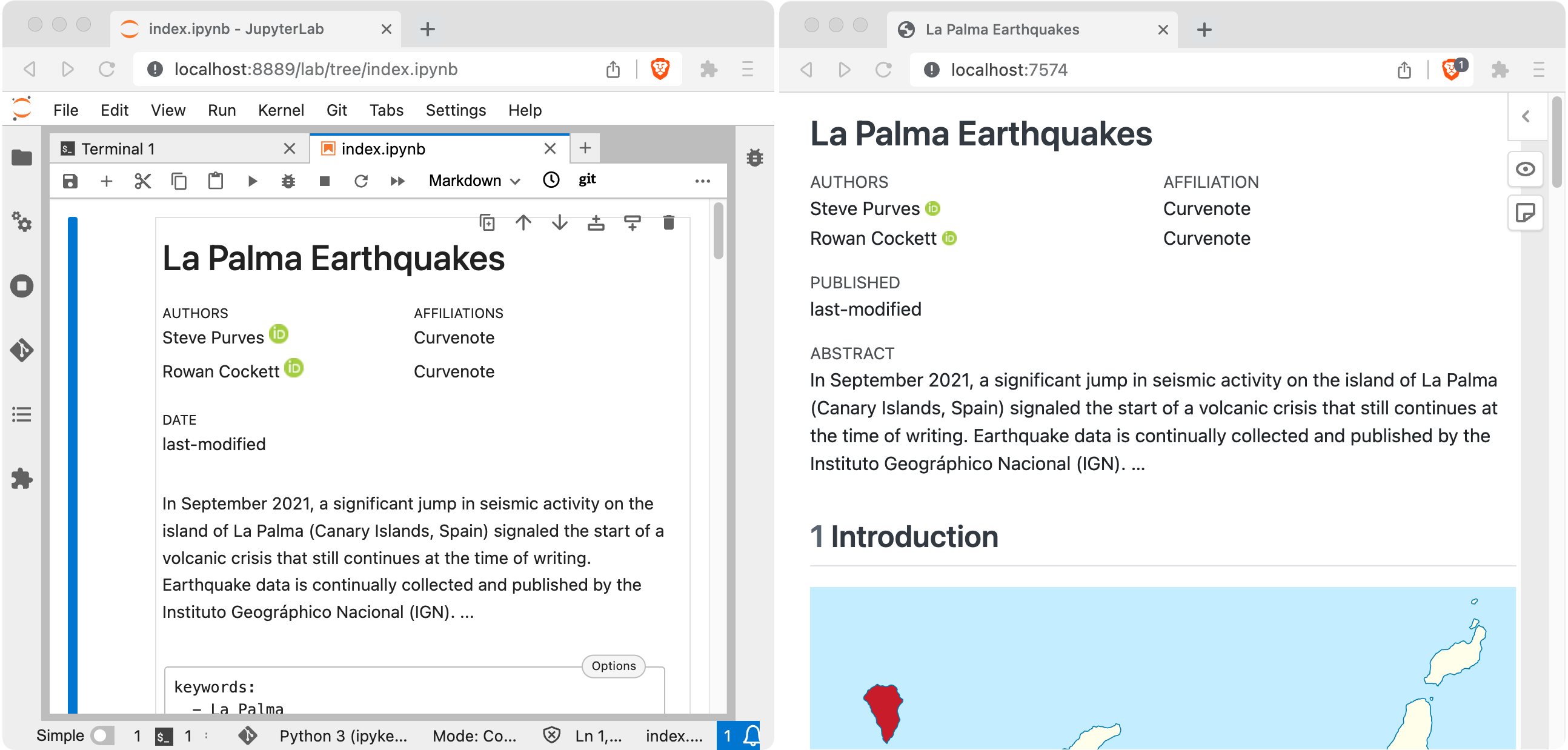 A screenshot of two side by side windows. On the left, Jupyter Lab with the file `index.ipynb` open. The first cell begins with a title La Palma Earthquakes. On the right, a webpage with the address starting localhost:, and content starting with the header La Palma Earthquakes.