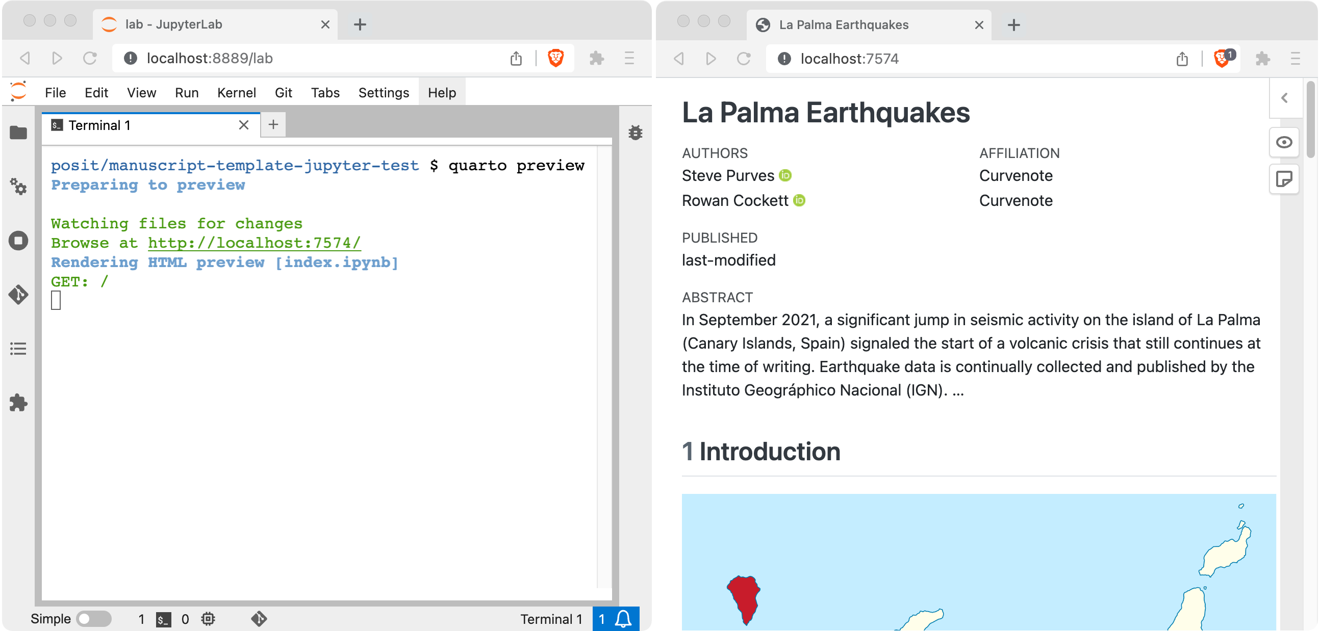 A screenshot of two side by side browser windows. On the left, Jupyter Lab with the Terminal open displaying the command: quarto preview. On the right, a webpage with the address starting localhost:, and content starting with the header La Palma Earthquakes.
