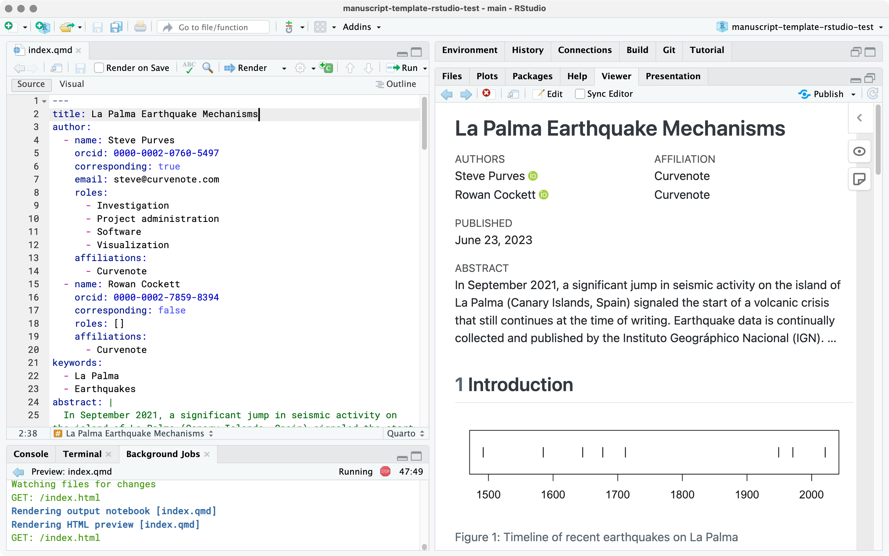 Screenshot of the RStudio IDE. Open in the Source pane is a file called index.qmd with the text, title: La Palma Earthquake Mechanisms. In the Viewer pane is an article webpage with the title La Palma Earthquake Mechanisms.