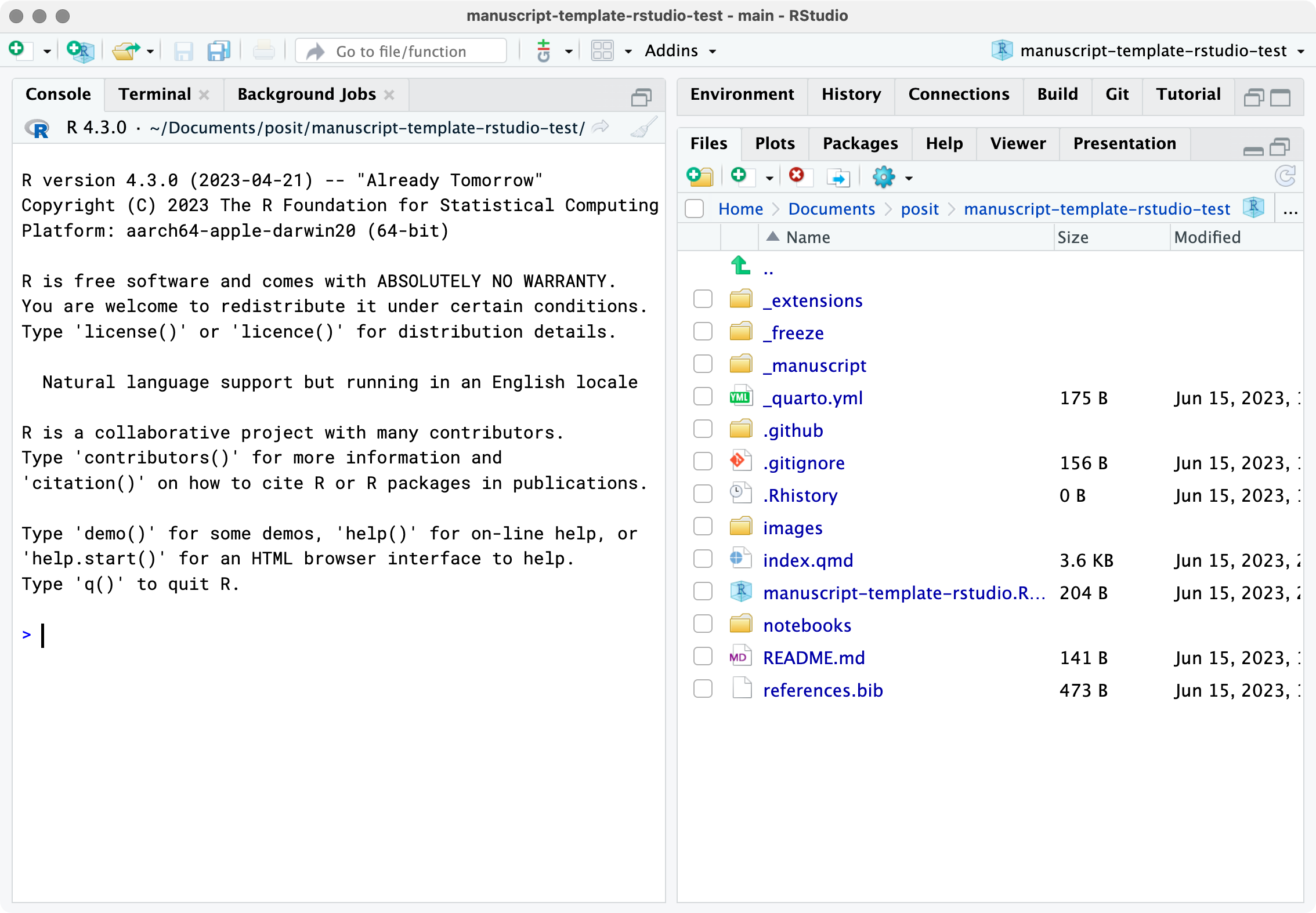 Screenshot of the RStudio IDE with a project called manuscript-template-rstudio-test open. The File pane shows the folders: _extensions, _freeze, .github, images, and notebooks; and the files: _quarto.yml, .gitignore, index.ipynb, README.md and references.bib.