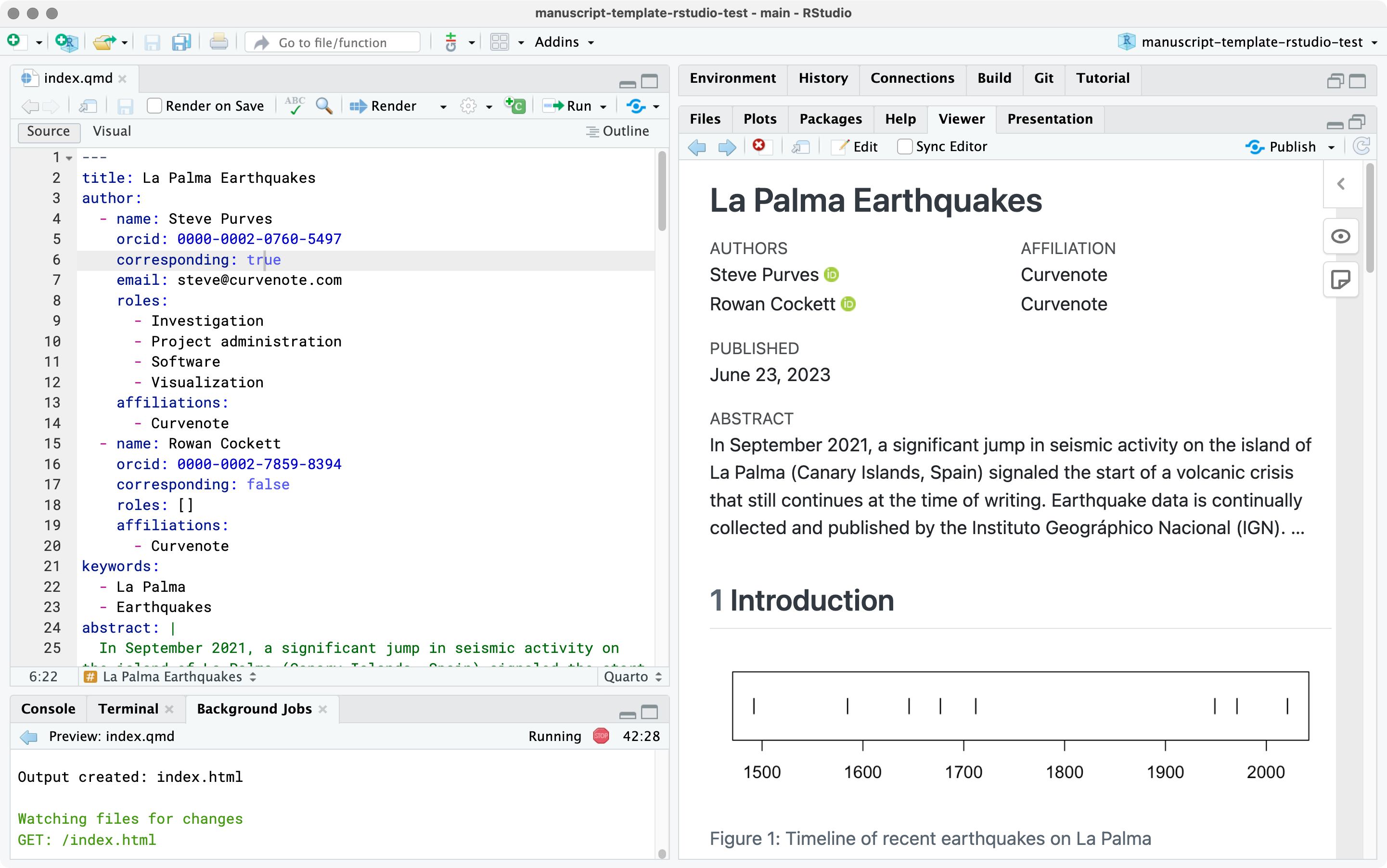 Screenshot of the RStudio IDE. Open in the Source pane is a file called index.qmd. In the Viewer pane, a website starting with the header La Palma Earthquakes.