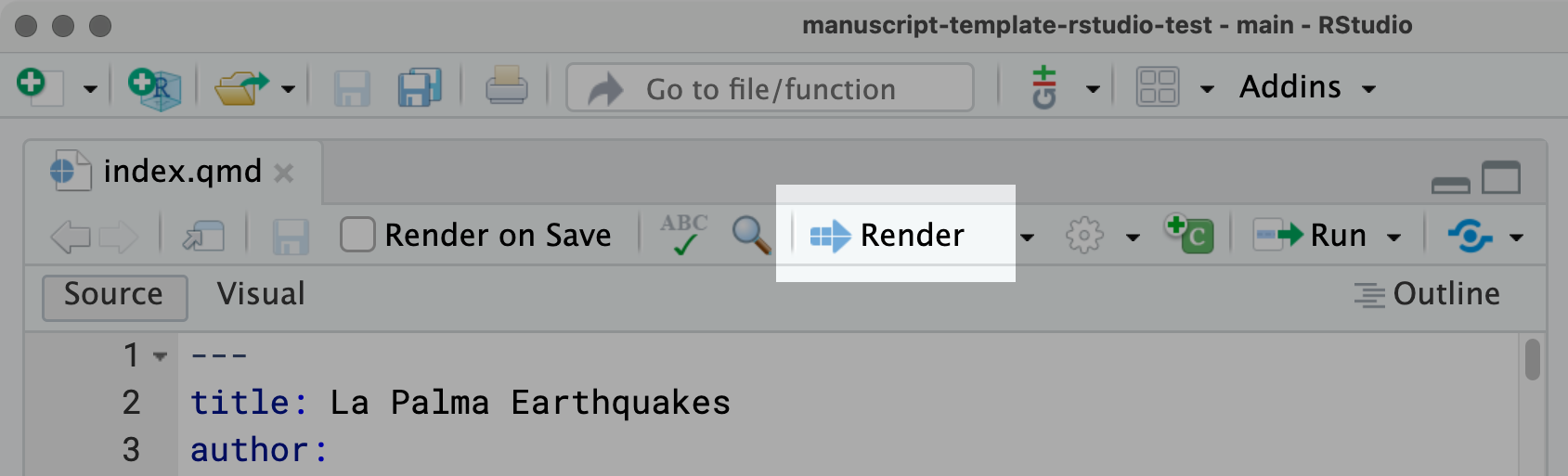 Screenshot of the source editor menu bar with the Render button highlighted.