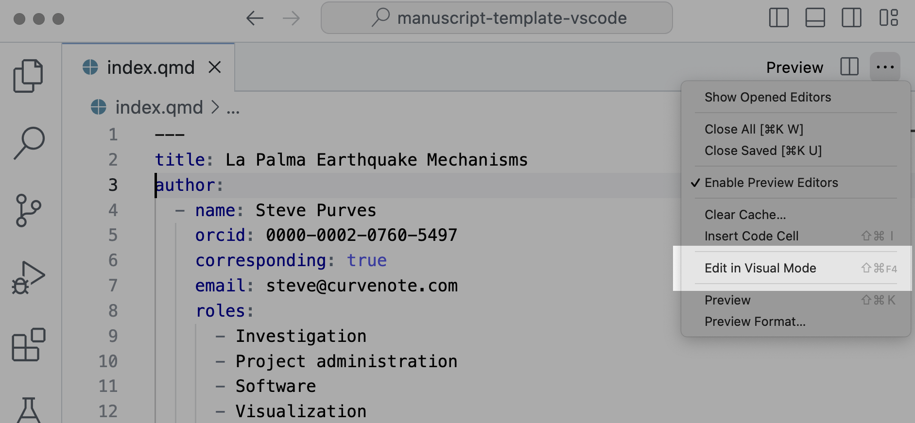 Screenshot of the Editor menu in VS Code. The 'Edit in Visual Mode' item in the '...' menu is highlighted.