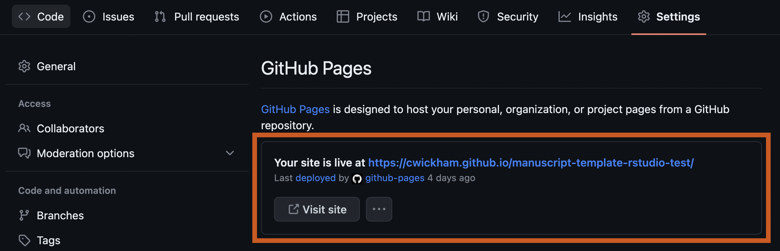 Screenshot of GitHub Pages Settings: under the heading GitHub Pages a dialog starting with 'Your page is live at:'  followed by a URL.