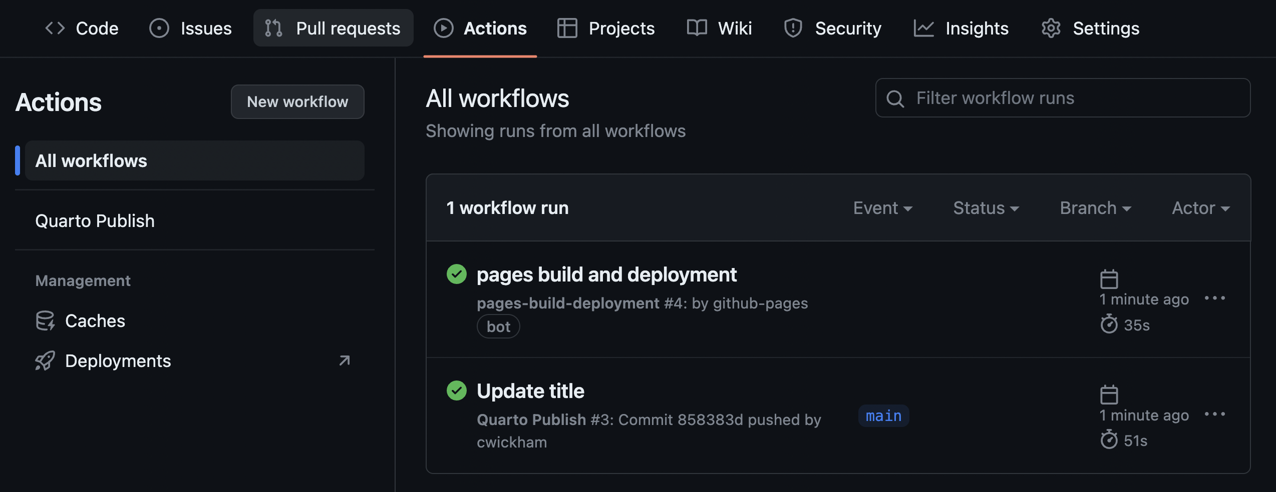 Screenshot of the Actions page on a template repo. Under Actions, two workflows are listed: Quarto Publish and pages-build-deployment. Under All Workflows the same workflows appear both showing a green checkmark.
