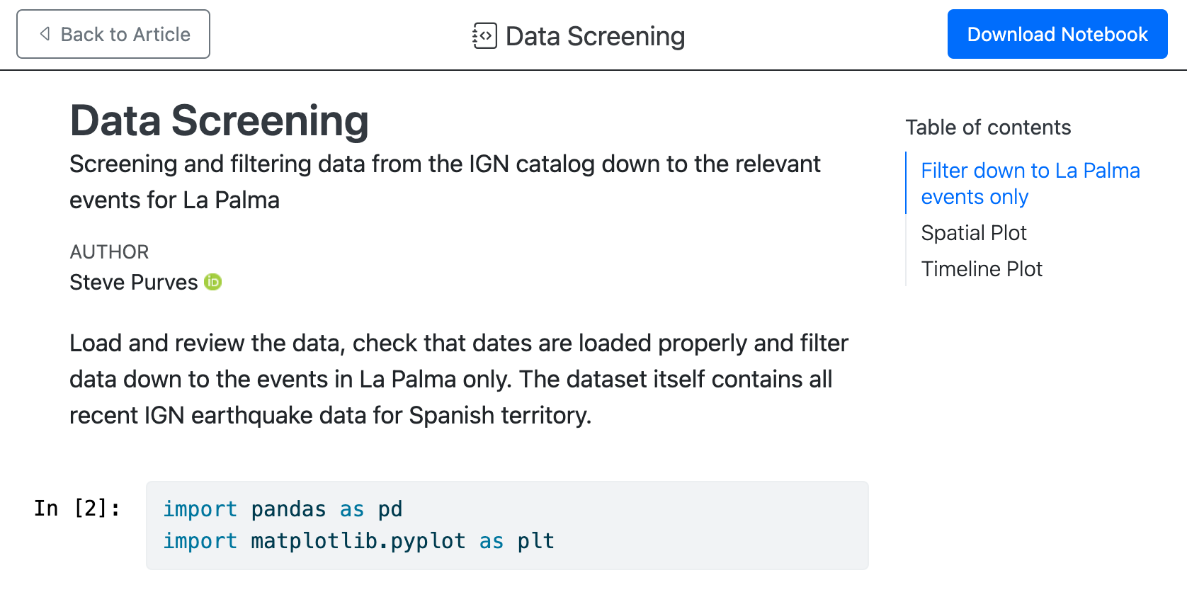 Screenshot of the notebook view of data-screening.ipynb. The top of the page has a link Back to the Article and a button to Download Notebook. The content of the page includes some text and a cell displaying code.