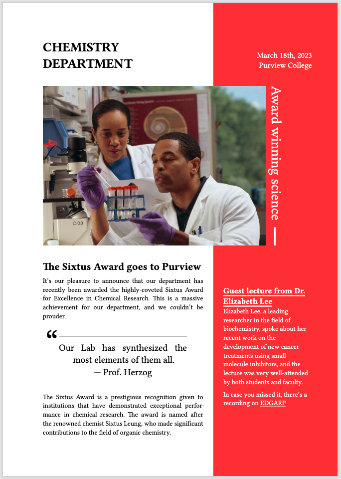 Screenshot of a page showing a department newsletter. The page is split vertically with a white column on the left and a red one on the right. An image spans across the column with the text "Award Winning Science" oriented to run vertically down its right side.