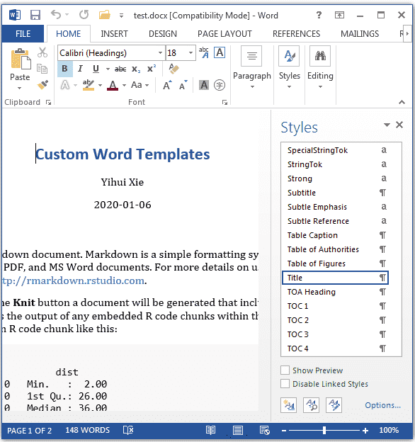Screenshot of Microsoft Word document open with Styles pane open in a pane over the left side of the document.