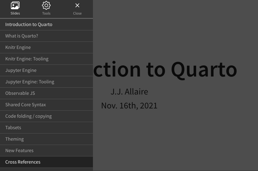 Screenshot of reveal.js slide with menu plugin open on the left. The menu bar has the Slides tab open, which shows a selectable list of all of the slides in the presentation.