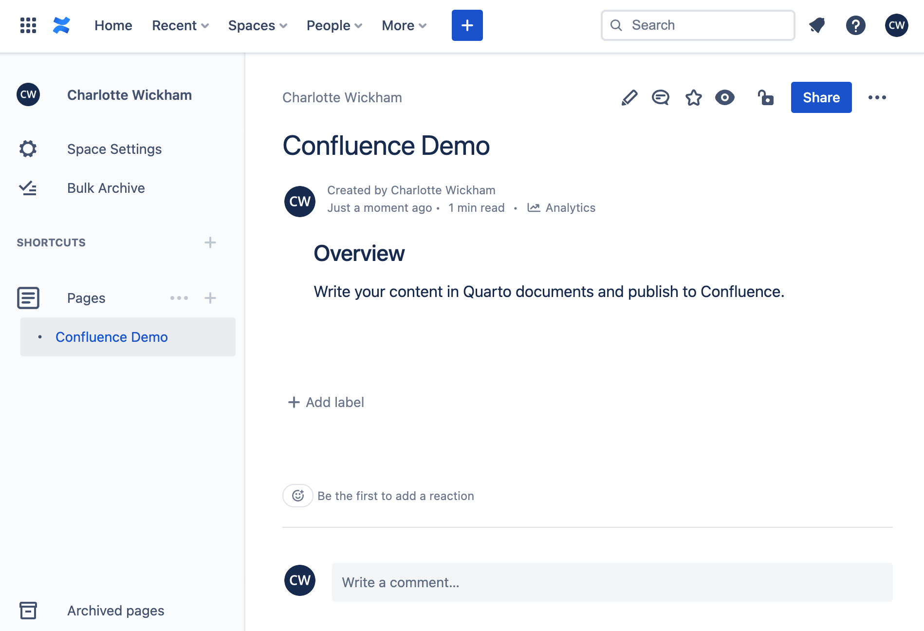 Screenshot of the published confluence-demo.qmd file on Confluence. In the sidebar, the page Confluence Demo is listed under Pages at the top level.