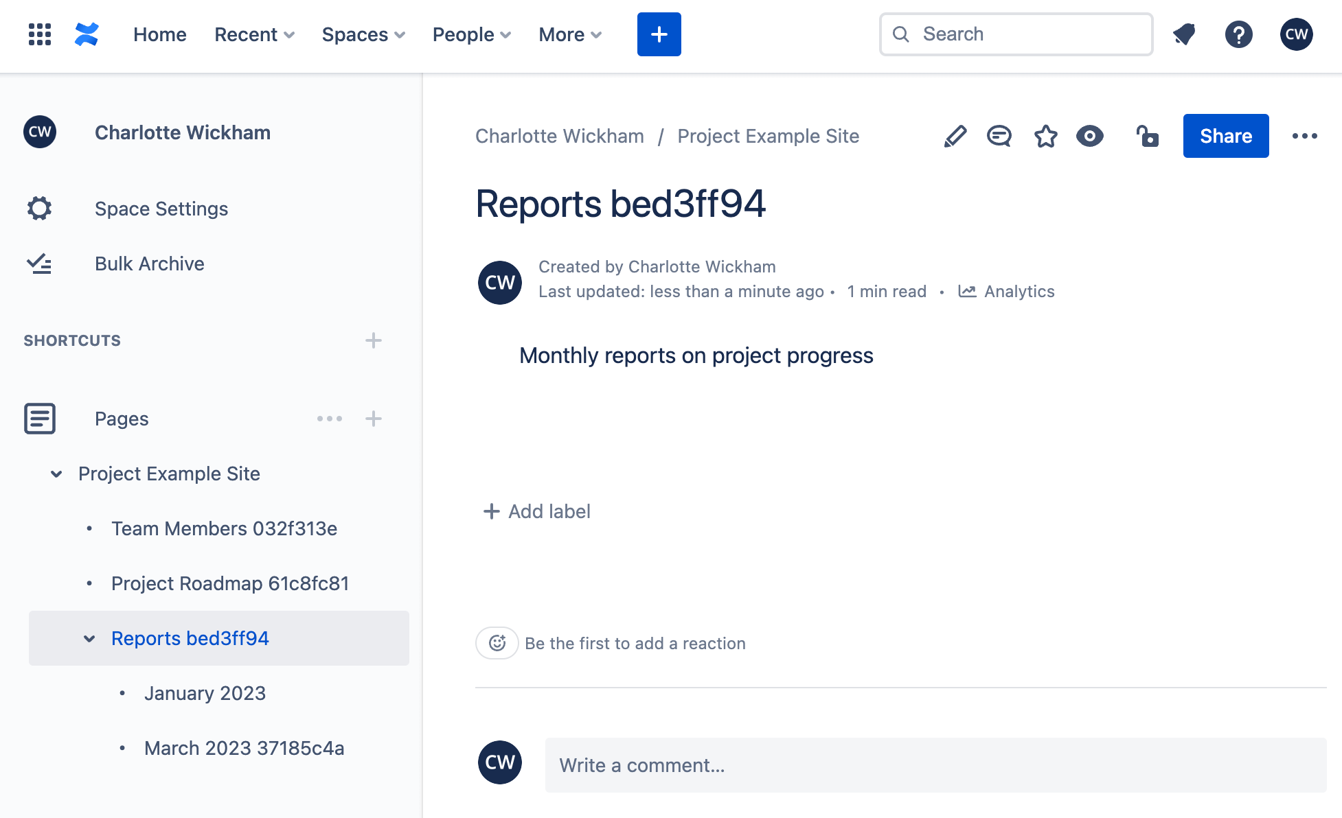 Screenshot of a page in Confluence titled Reports, with a single sentence 'Monthly reports on project progress'. In the sidebar navigation this page is called 'Reports' and is nested under the page called 'Project Example Site'.