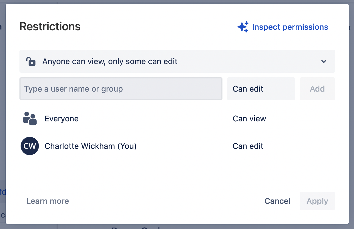 Screenshot of the Confluence permissions on a page, with two items: Everyone is set to View; and Charlotte Wickham (Me) is set to Can Edit