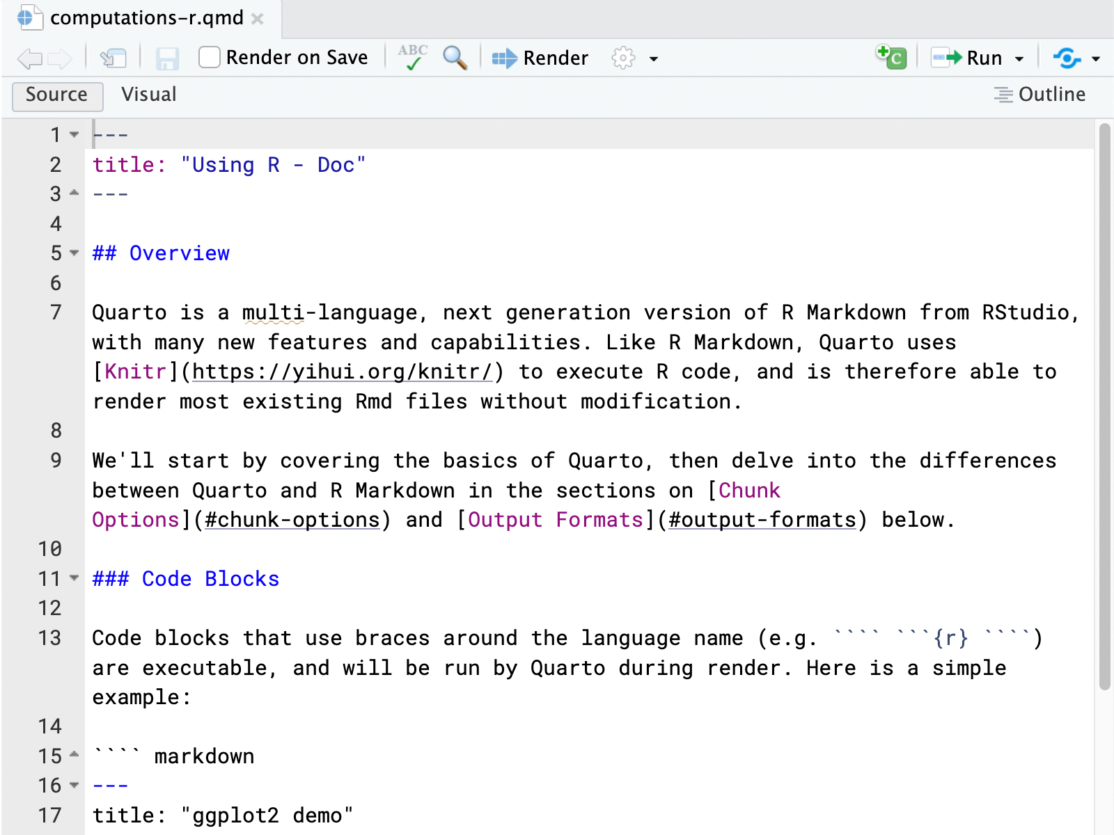 A screenshot of a Quarto document with the title Using R - Doc in the RStudio Editor.