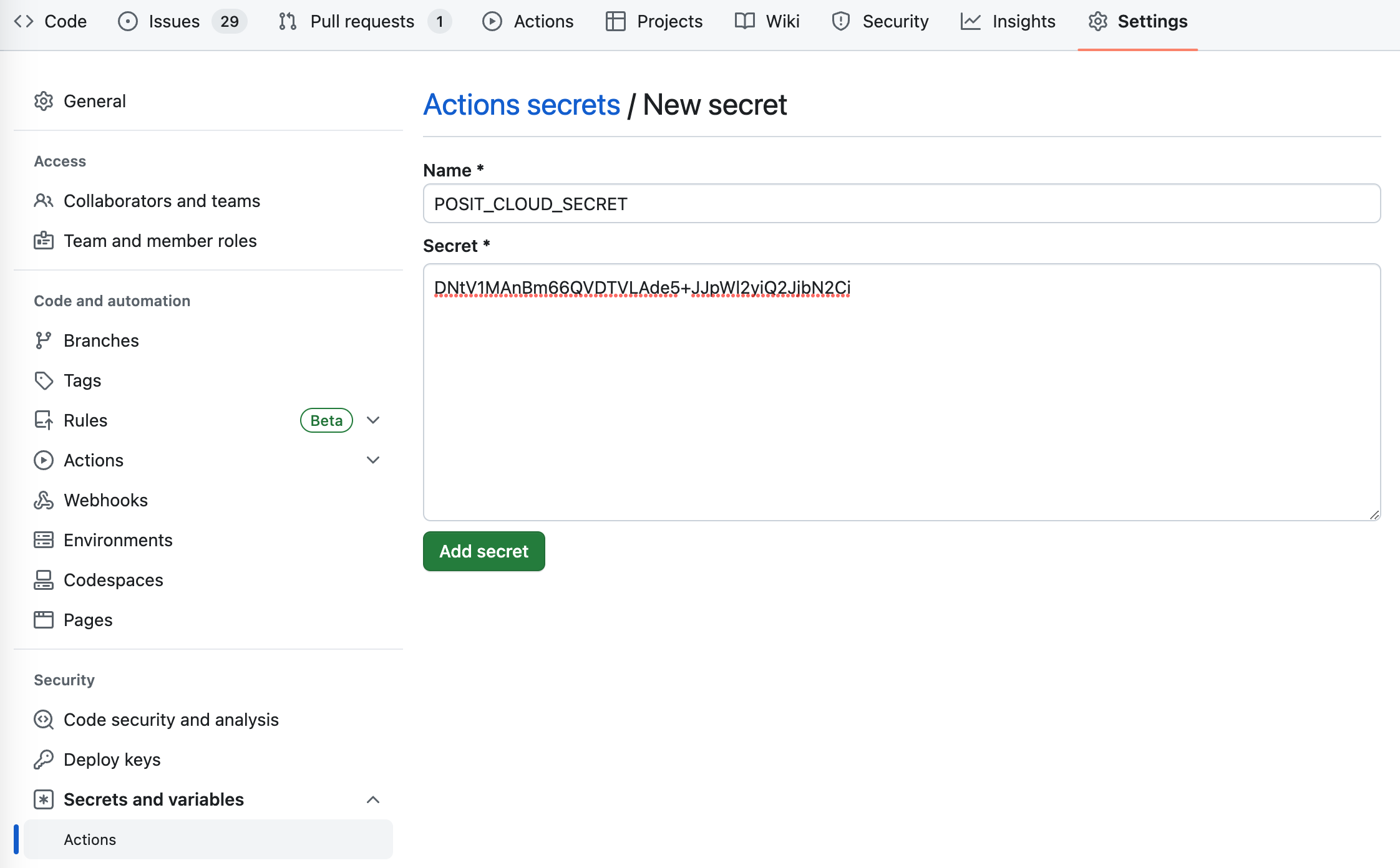 Screenshot of a GitHub repository's page for adding a new Actions secret.