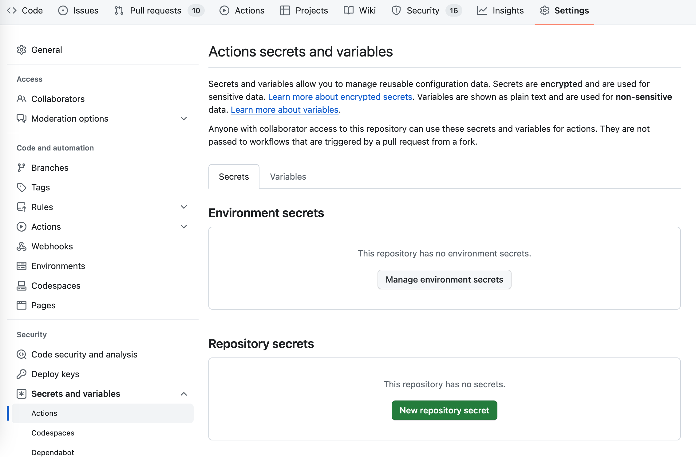 Screenshot of a GitHub repository's Secrets and Variables page for Actions.