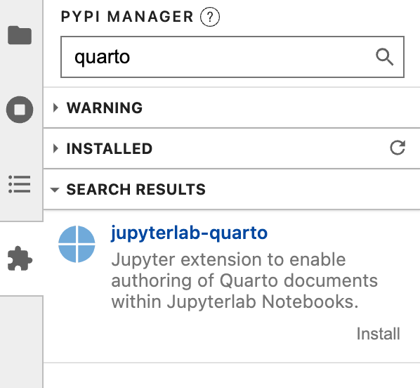 Screenshot of the Jupyter Lab Extension Manager with 'quarto' typed in the search box, and one Search Result with the name 'jupyterlab-quarto'.
