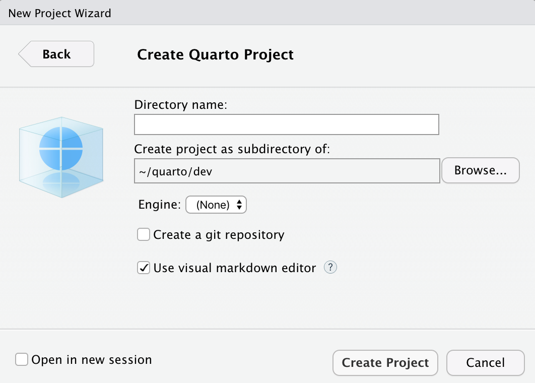 A section of the 'New Project Wizard' menu from Rstudio. This section is titled 'Create Quarto Project'. The Quarto logo is displayed on the left. ON the right are fields for 'Type', 'Directory name', and 'Create project as subdirectory of:'. Underneath that are options for 'Engine', 'Create a git repository', and 'Use renv with this project'. The option for 'Engine' is set to 'Knitr'. There are buttons for 'Create Project' and 'Cancel' arranged side-by-side in the bottom right of the window. There is an option to 'Open in new session' in the button left corner.
