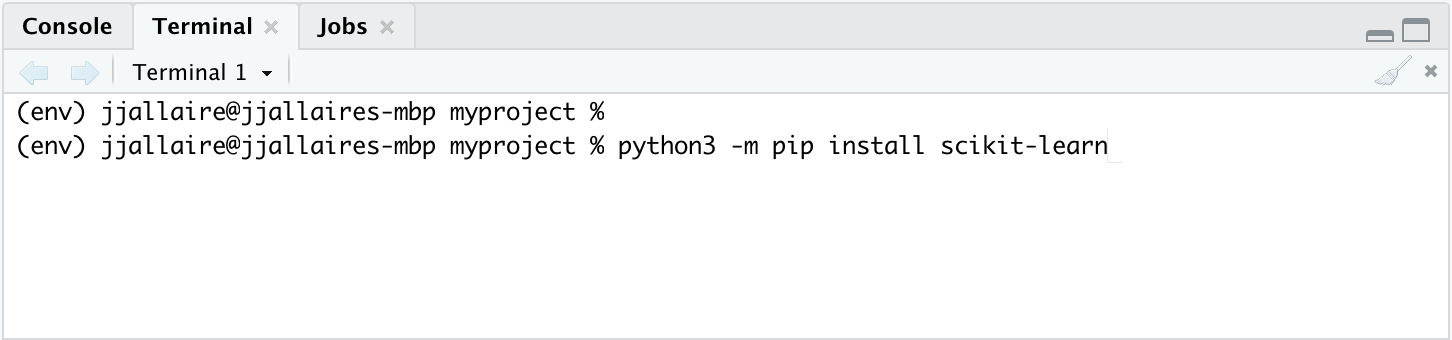 An RStudio terminal window. The prompt is prefixed by the word '(env)', indicating that this prompt is taking place in a Python virtual environment named 'env.' The first line is empty and the second line contains the command 'python3 -m pip install scikit-learn.'