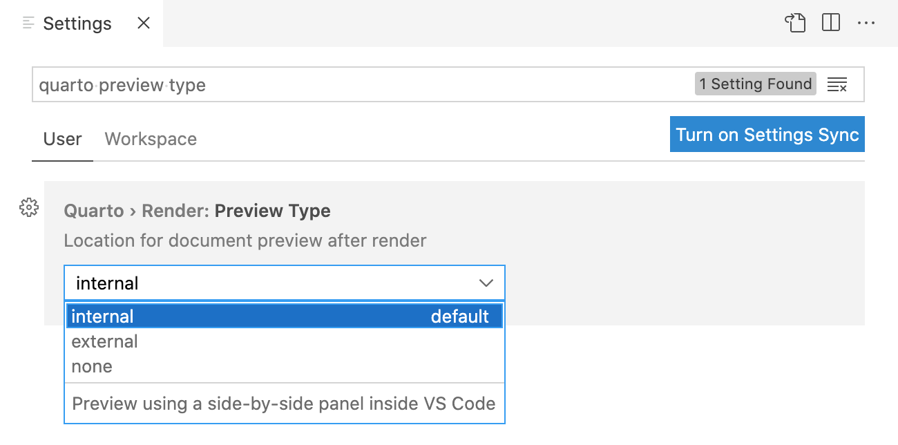 VS Code settings interface with 'quarto preview type' entered into the search bar. User settings reveals Quarto > Render: Preview Type, with a dropdown to select location for document preview after render. The default, internal, is selected, which previews using a side-by-side panel in VS Code. The other two options in the dropdown are external and none.
