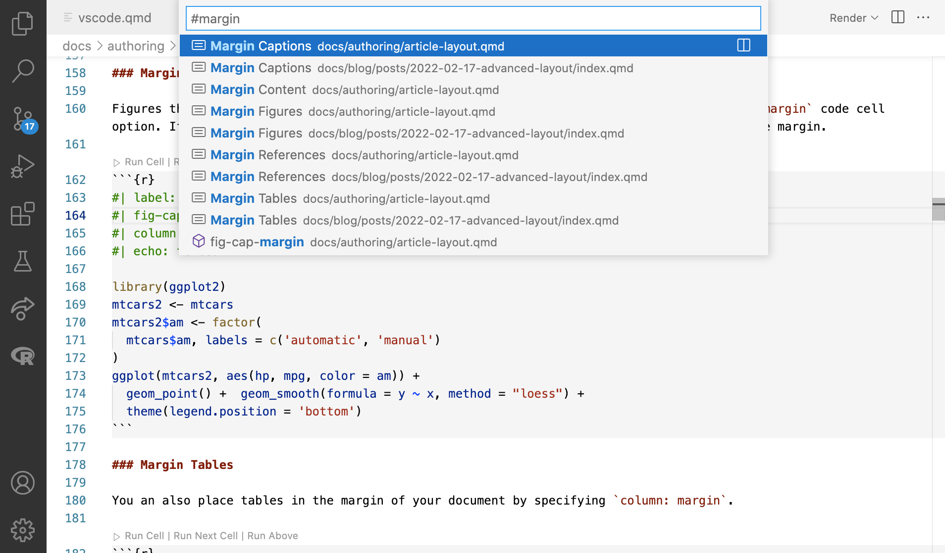 Quarto document in VS Code with command pallete open showing the files in the project with the entered term, 'margin'.