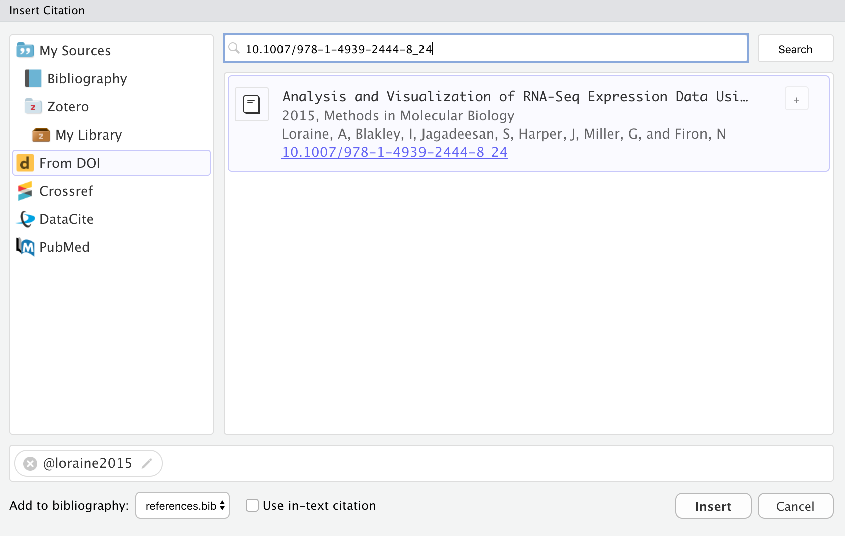 The 'Insert Citation' window in RStudio. The 'From DOI' option is selected in the left hand section. There is a DOI in the search bar that runs along the top of the section on the right, and the document corresponding to that DOI appears in the search results underneath. The search result has the title of the paper in black, the year published and journal in gray underneath that, the authors in gray underneath that, and the hyperlinked DOI underneath that. To the left of the title is a journal paper icon.