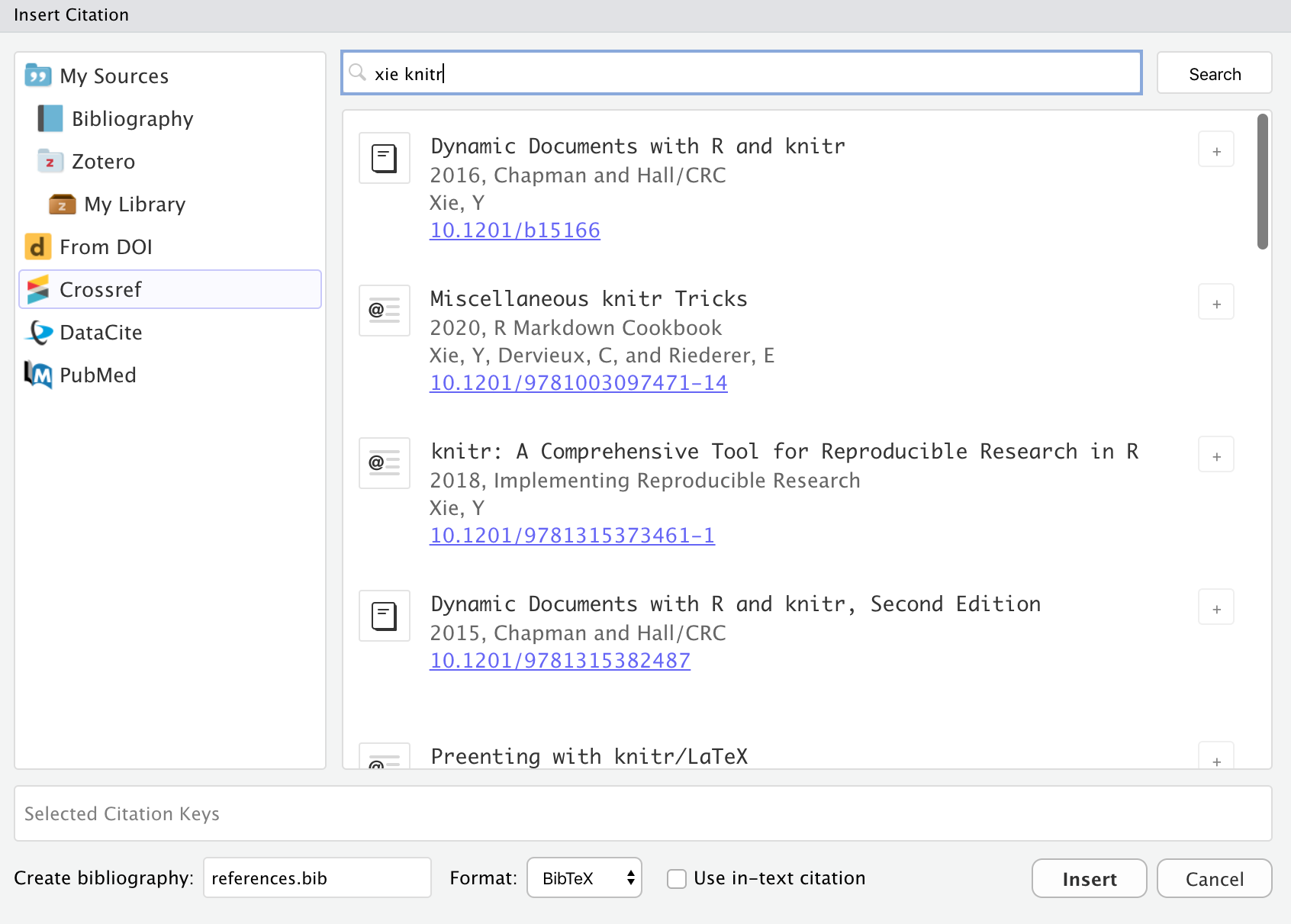 The 'Insert Citation' window in RStudio. The 'Crossref' option is selected and the text 'xie knitr' is in the search bar at the top of the section on the right. In the search pane are the search results.